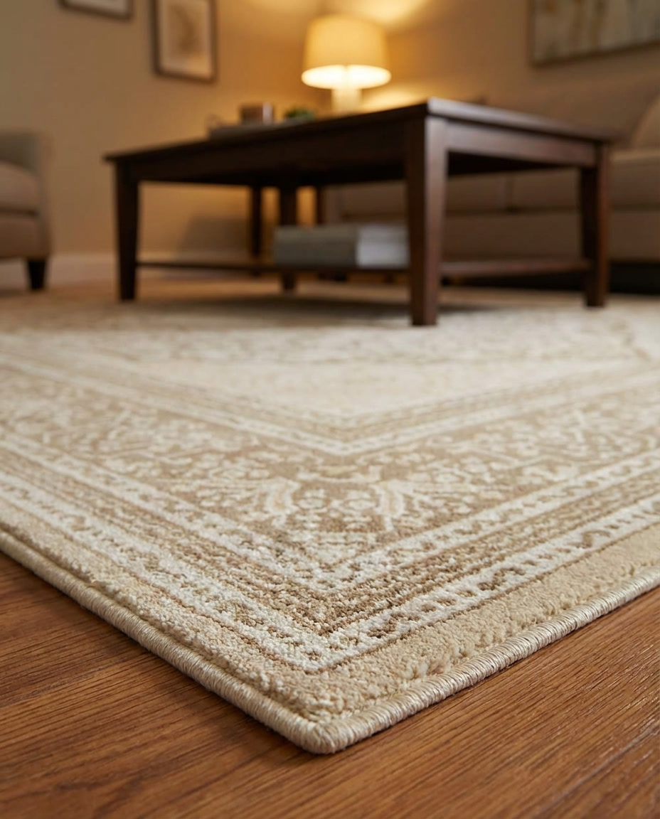 Hedda Sculptural Relief Rug in Desert Ash, styled on a wooden floor