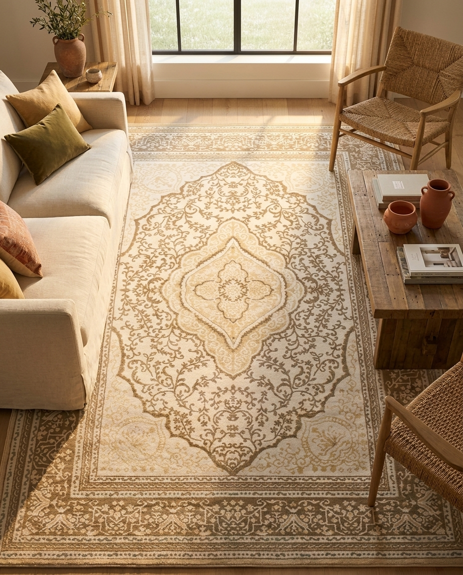Hedda Sculptural Relief Rug in Desert Ash, styled in a living room with sofa and chairs