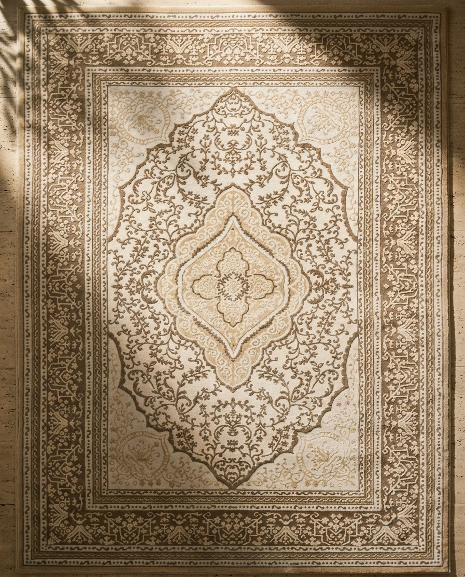 Hedda Sculptural Relief Rug in Desert Ash, styled on a wooden floor with intricate relief pattern