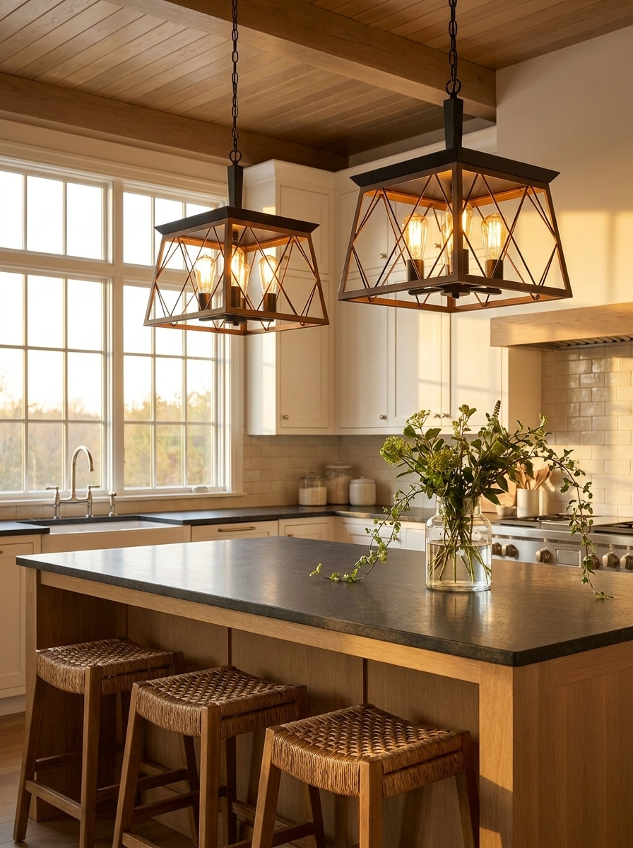 Hern Pendant Light, solid walnut and black steel pendant light with Edison bulbs, alternate view
