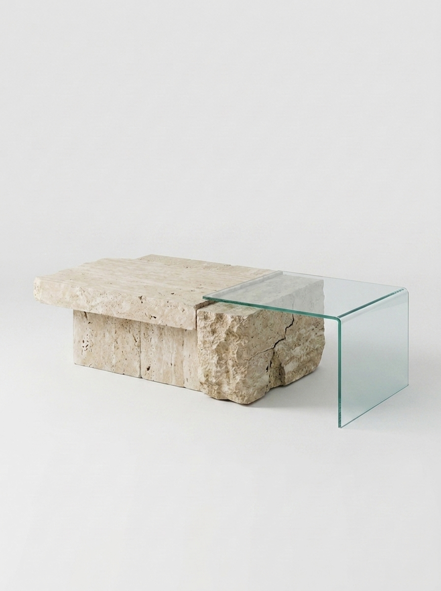 Bruk Natural Travertine & Glass Coffee Table