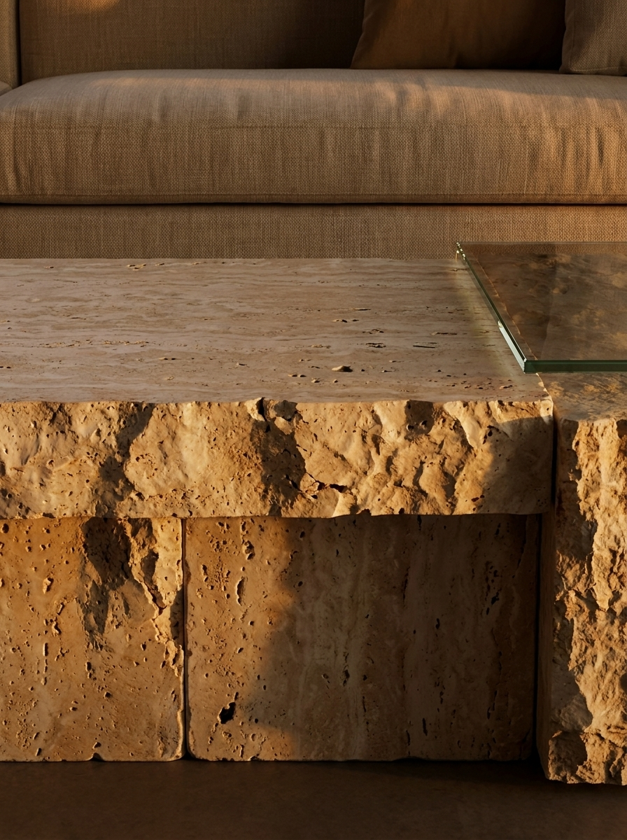 Bruk Natural Travertine & Glass Coffee Table