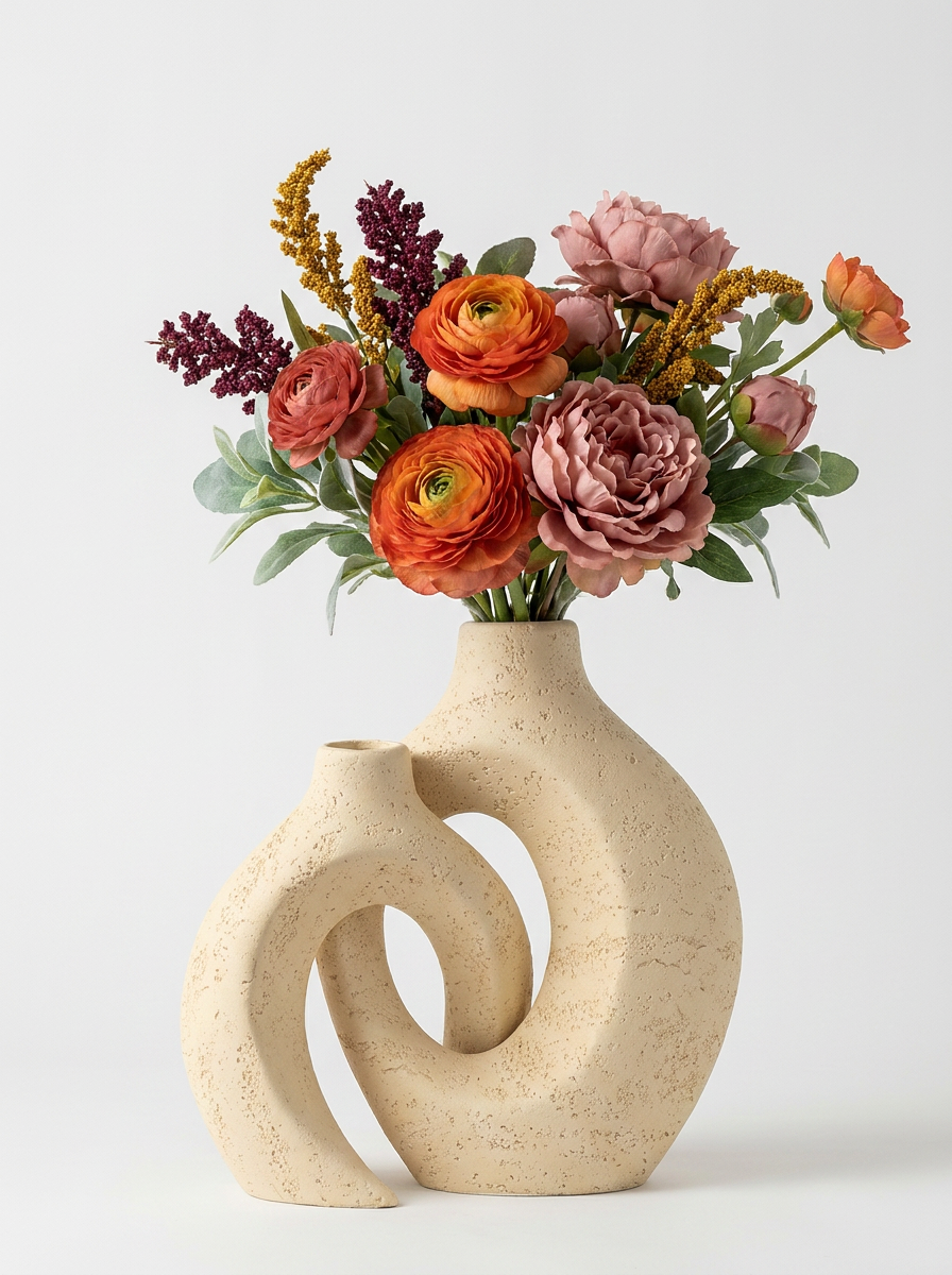 Holva Sculptural Vase Set, two-piece vase set in engineered travertine composite