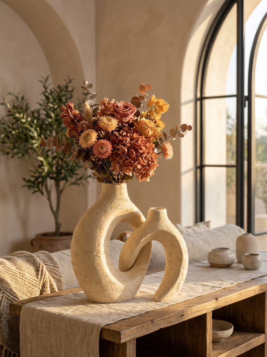 Holva Sculptural Vase Set, travertine composite vases, front view