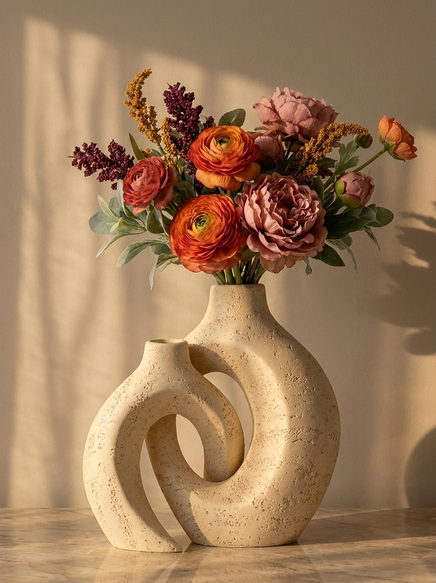 Holva Sculptural Vase Set, two-piece travertine composite vase set, close-up view