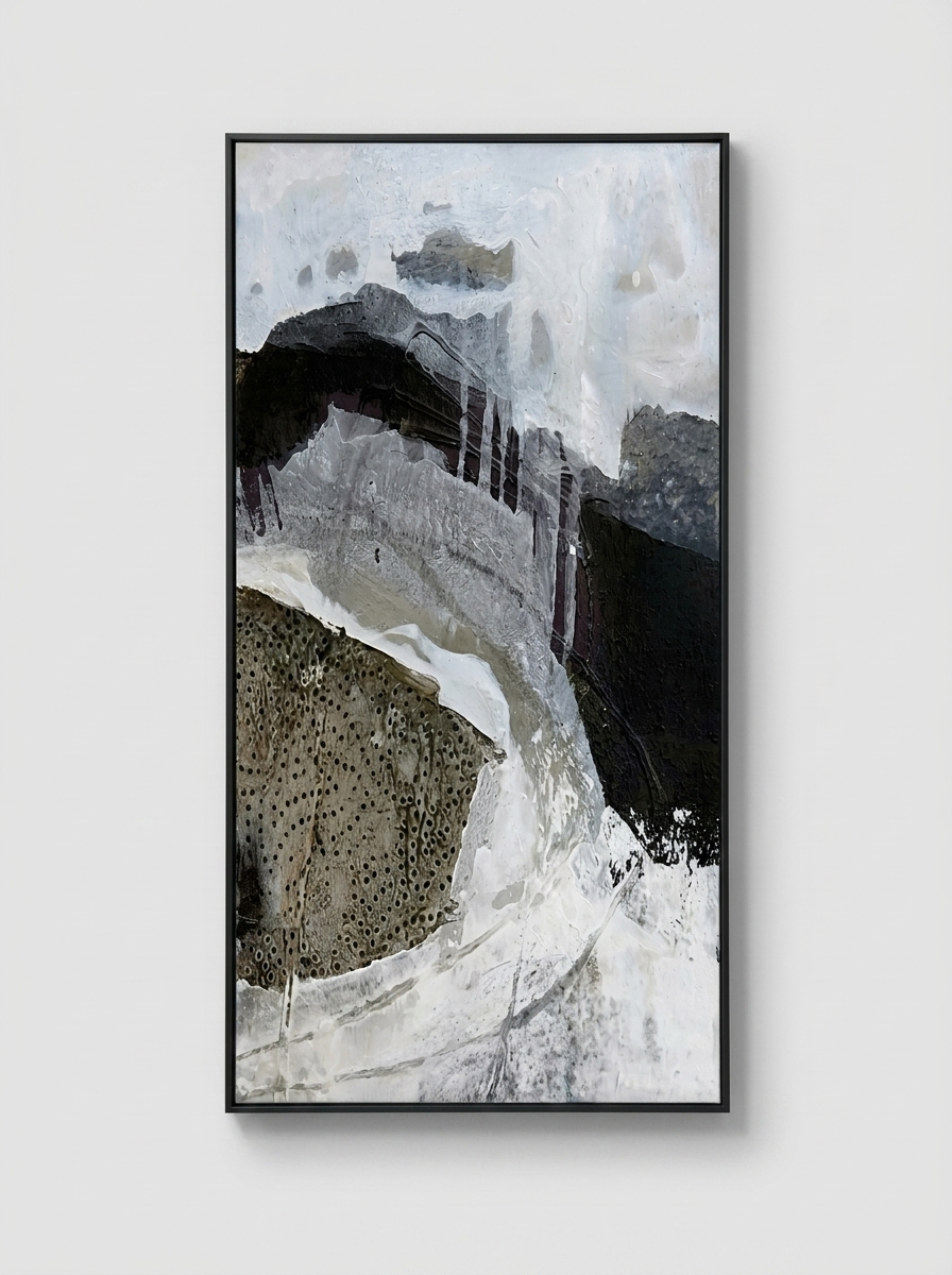 Iskall Canvas, hand-painted oil artwork in black, grey and white with matte black aluminum frame