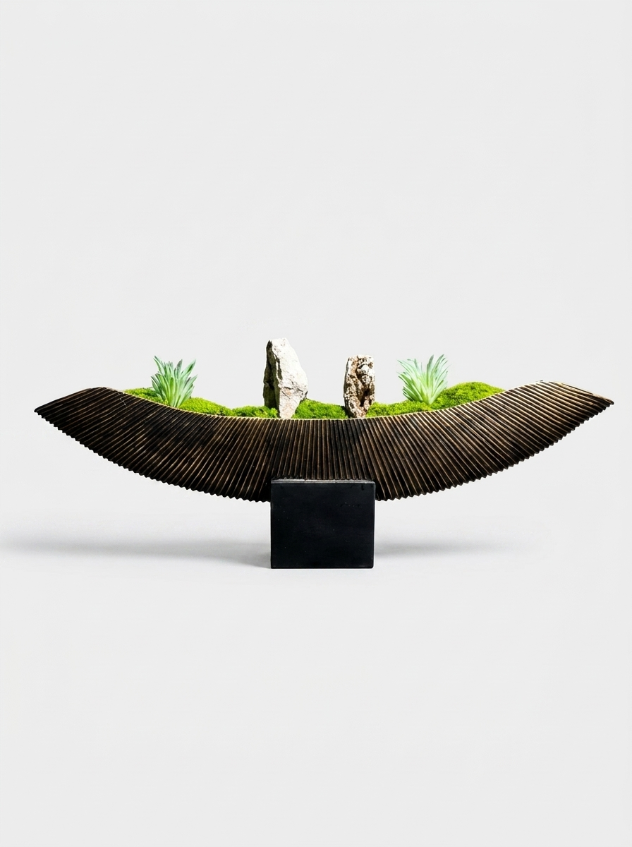 Kairn Zen Planter, ceramic planter with textured wave-inspired surface and faux greenery