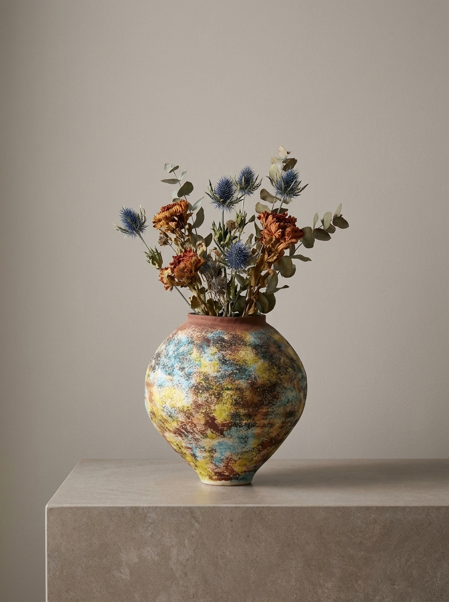 Kelda Ceramic Jar, ceramic jar with layered reactive glaze, alternate view