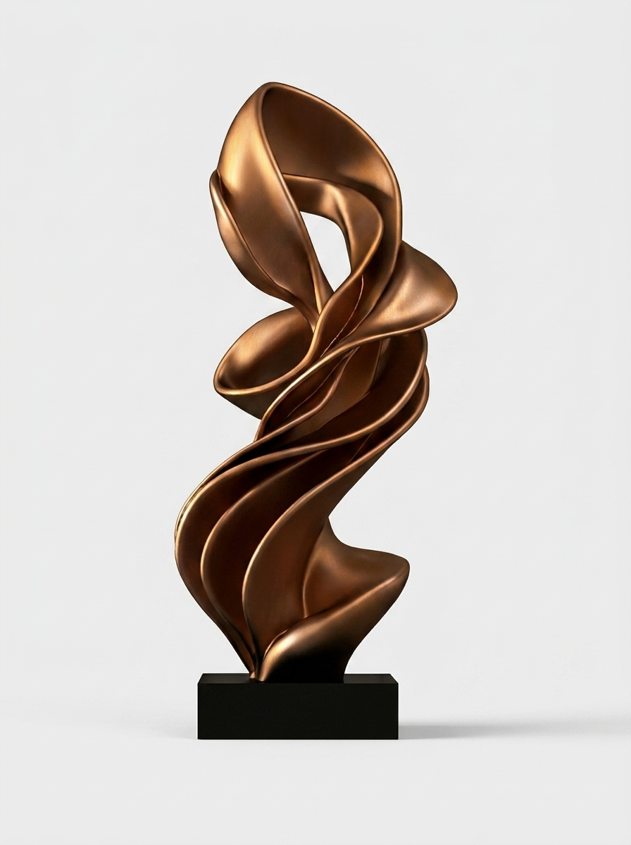 Kelvn Spiral Sculpture in bronze gold lacquered fiberglass on a stone base