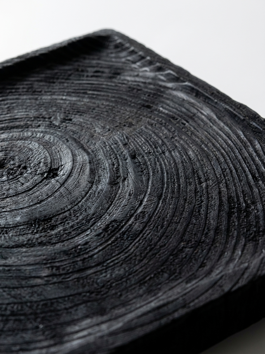 Kolad charred wood tray on integrated feet, charcoal wood finish