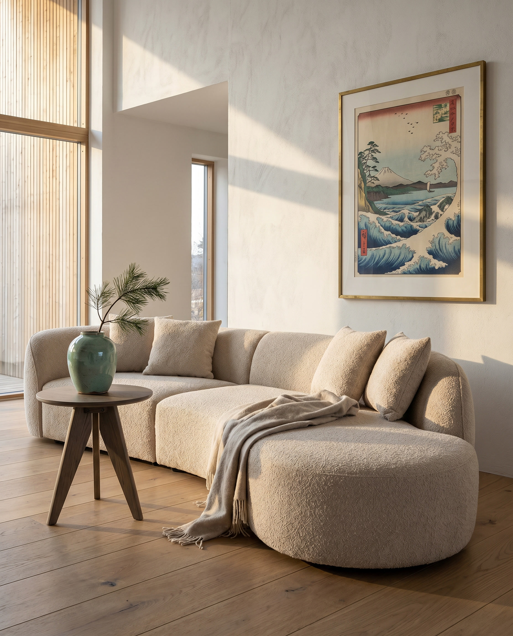 Koln Curved Sofa in Frosted Bone, styled in a modern living room with side table and artwork