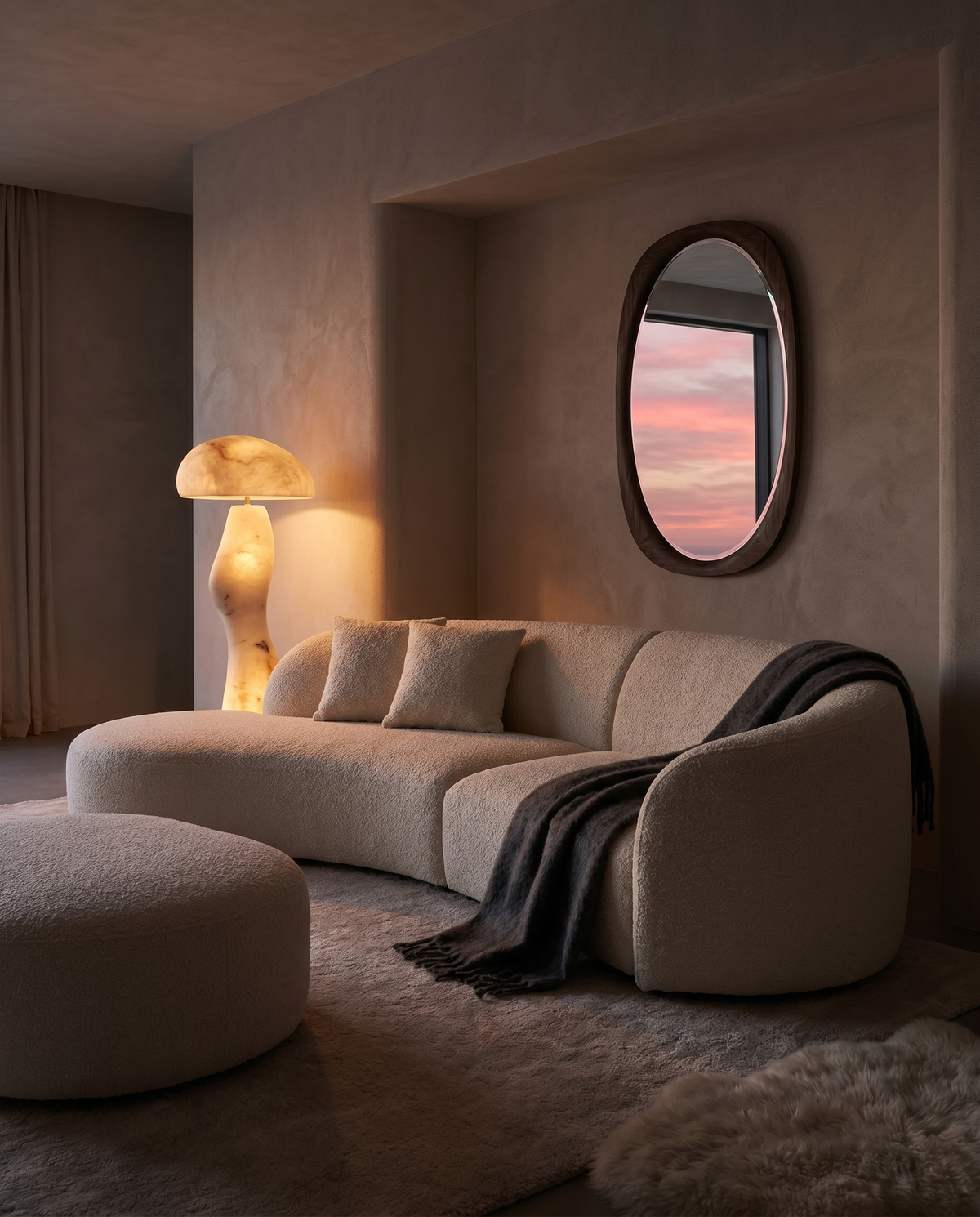 Koln Curved Sofa in Frosted Bone, styled in a living room with ottoman and wall mirror