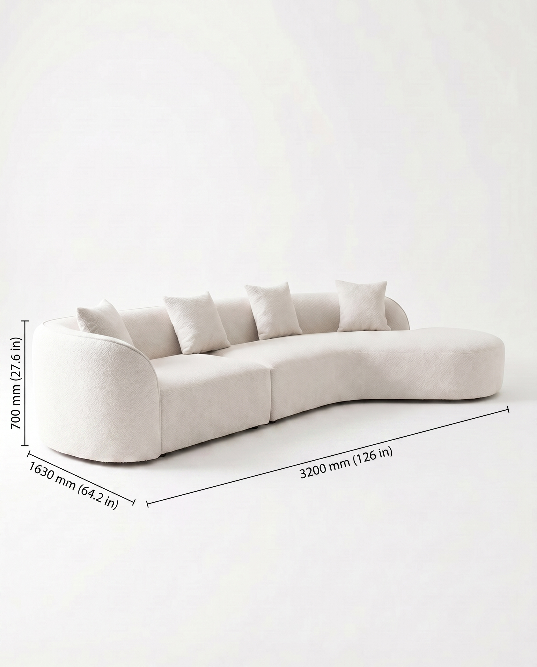 Beige sofa with dimensions marked on a white background