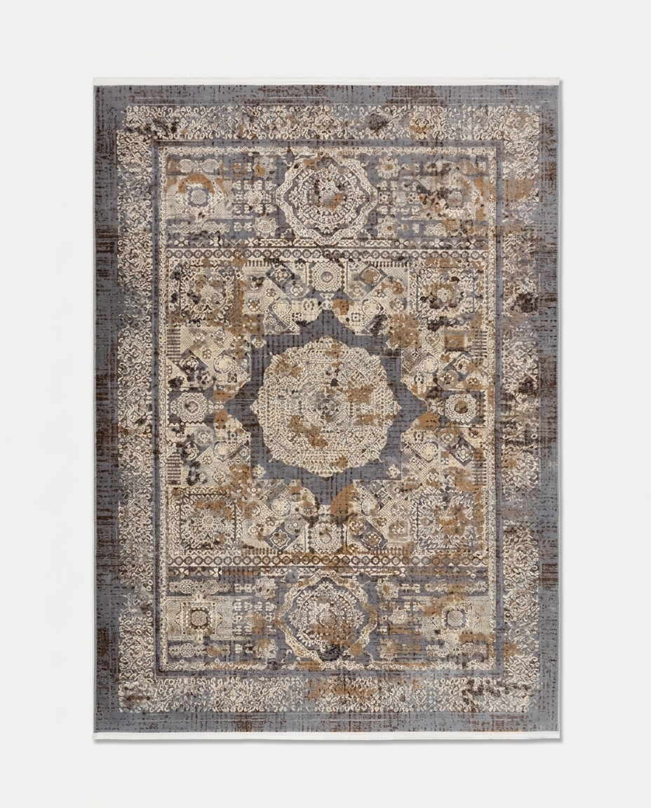 Kors Distressed Heritage Rug in Antique Ardoise, distressed heritage rug with artisanal fringe