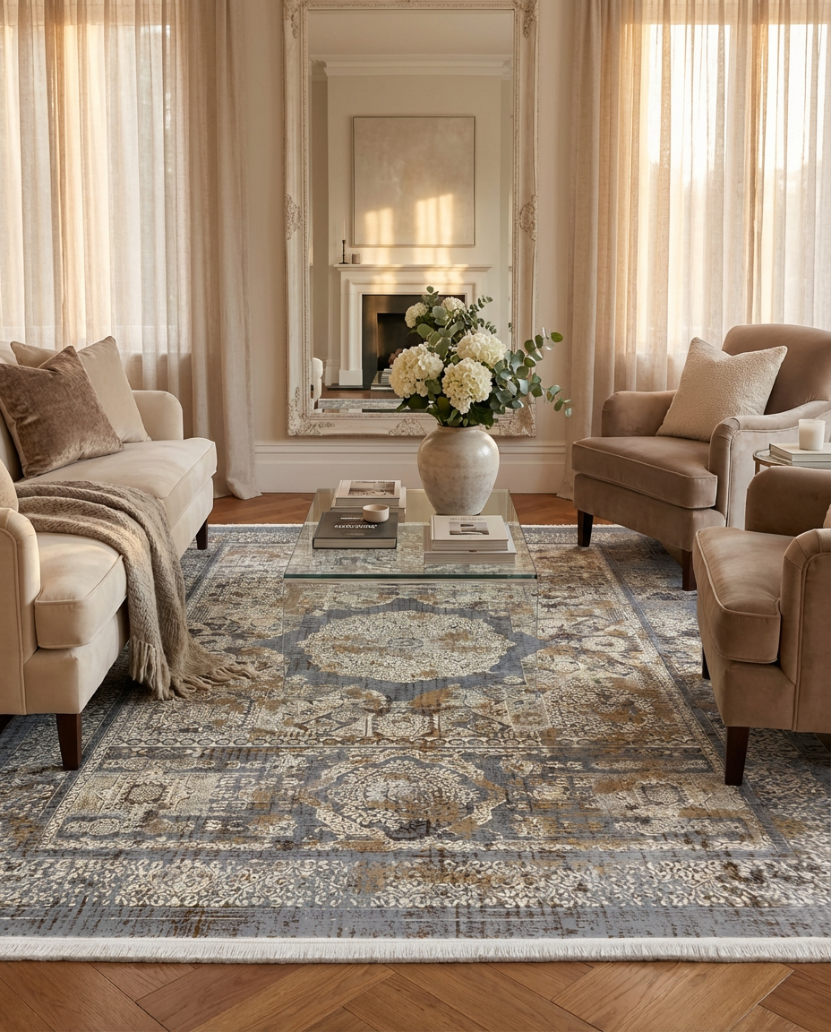 Kors Distressed Heritage Rug in Antique Ardoise, styled in a living room with beige sofa