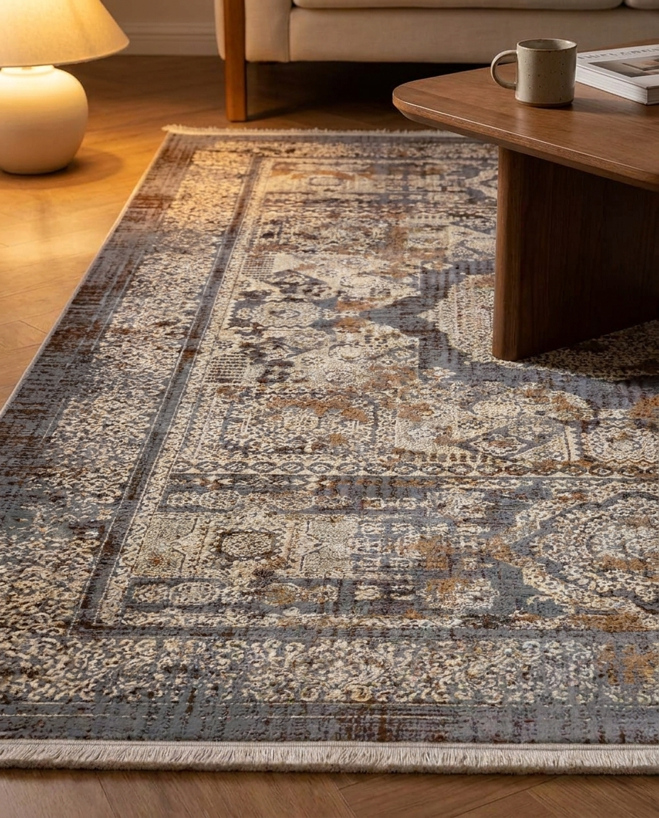 Kors Distressed Heritage Rug in Antique Ardoise, styled in a living room with coffee table