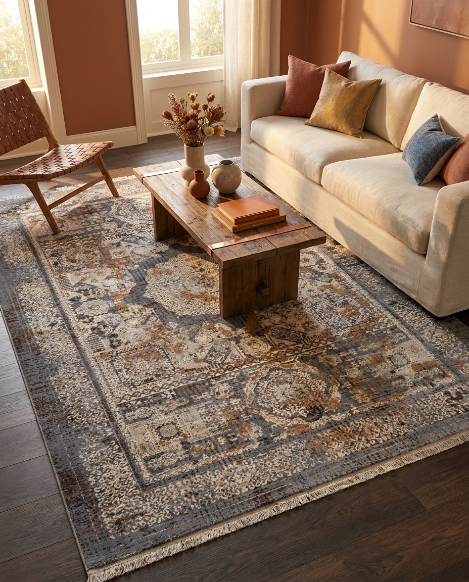 Kors Distressed Heritage Rug in Antique Ardoise, styled with sofa, coffee table and decor