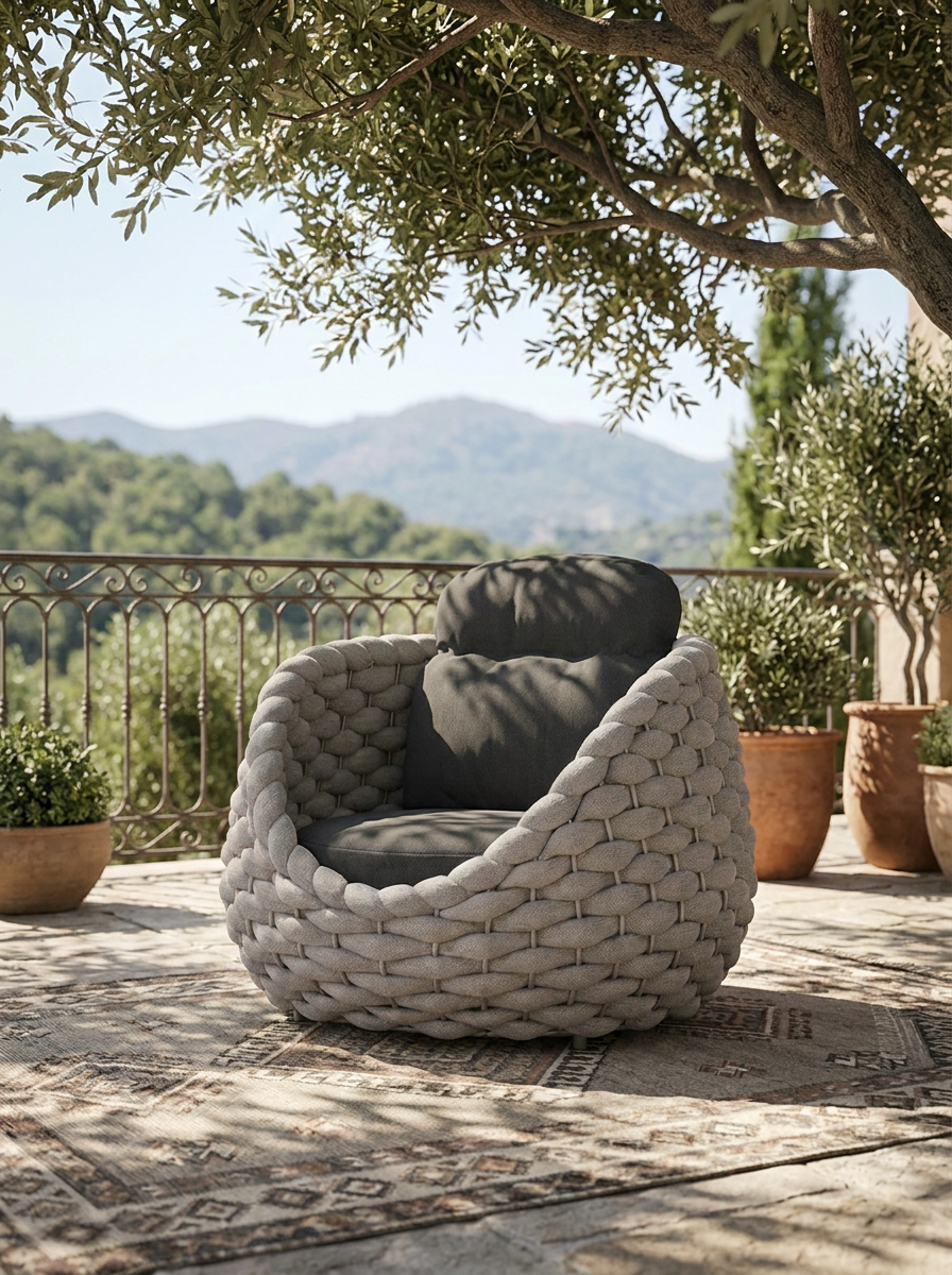 Kova Cocoon Armchair, woven cord armchair with metal frame, front view