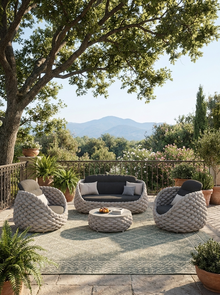 Kova Cocoon Armchair, outdoor armchair with woven cord, angled view