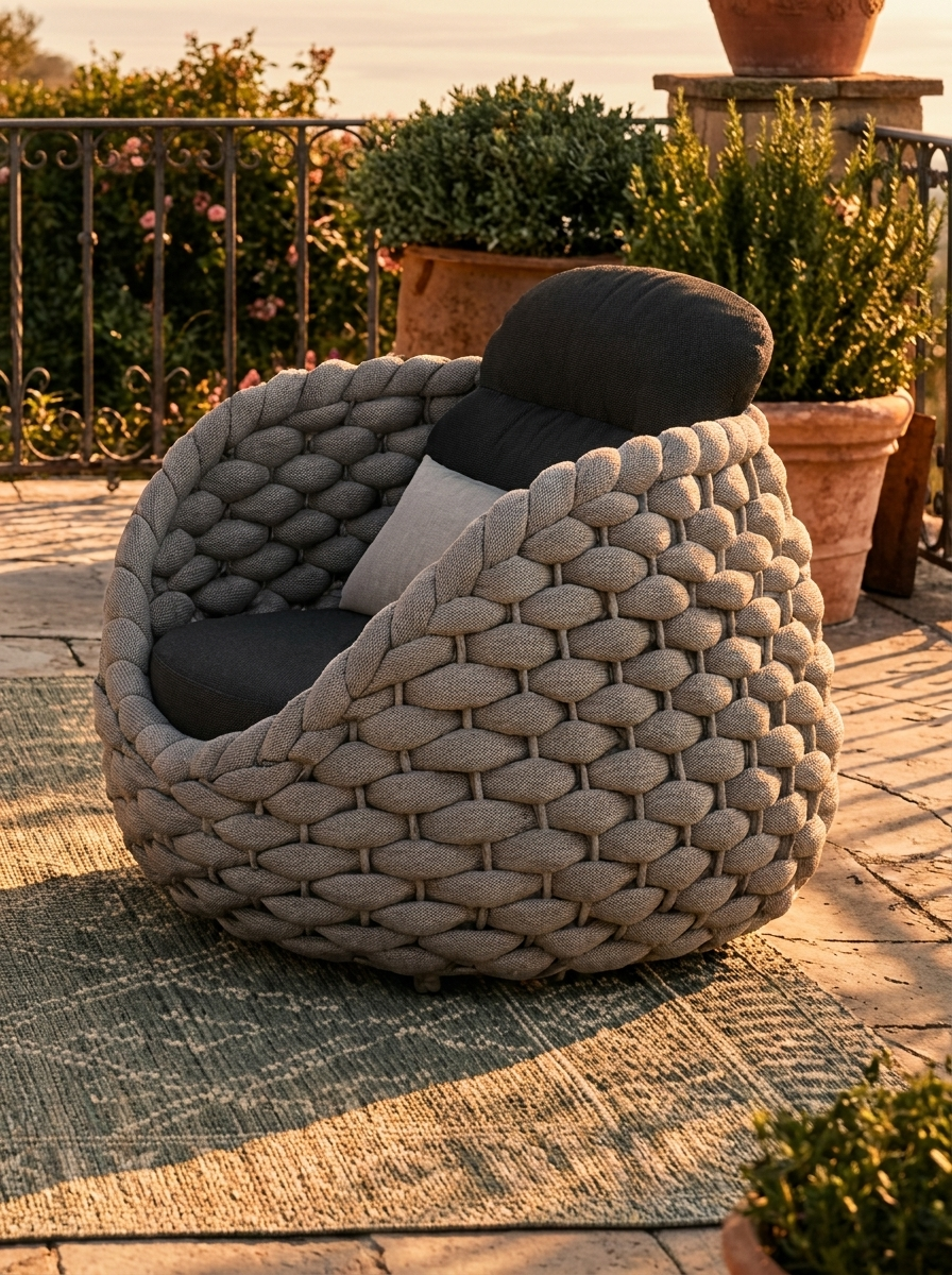 Kova Cocoon Armchair, outdoor cocoon armchair with woven cord, back view