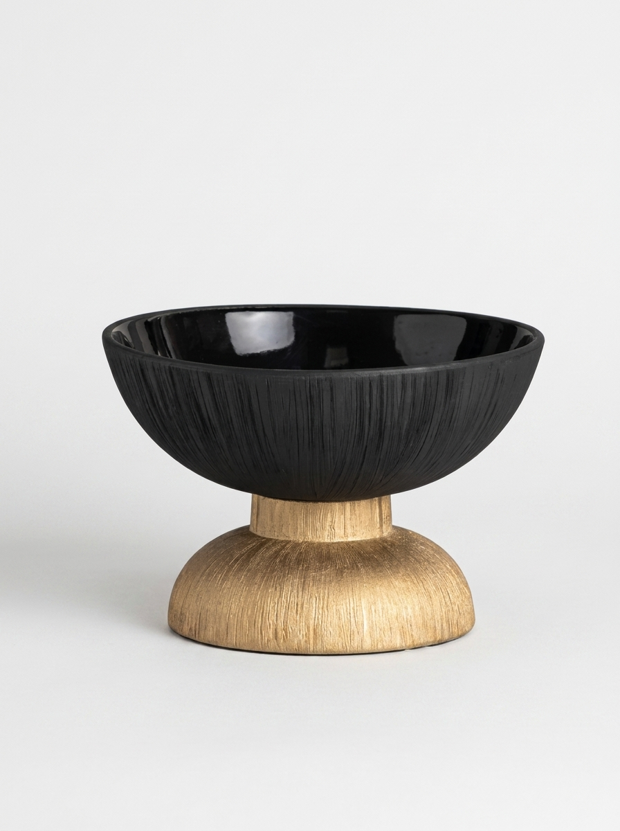 Kupa Ceramic Bowl, ceramic bowl in matte black with brushed gold pedestal base