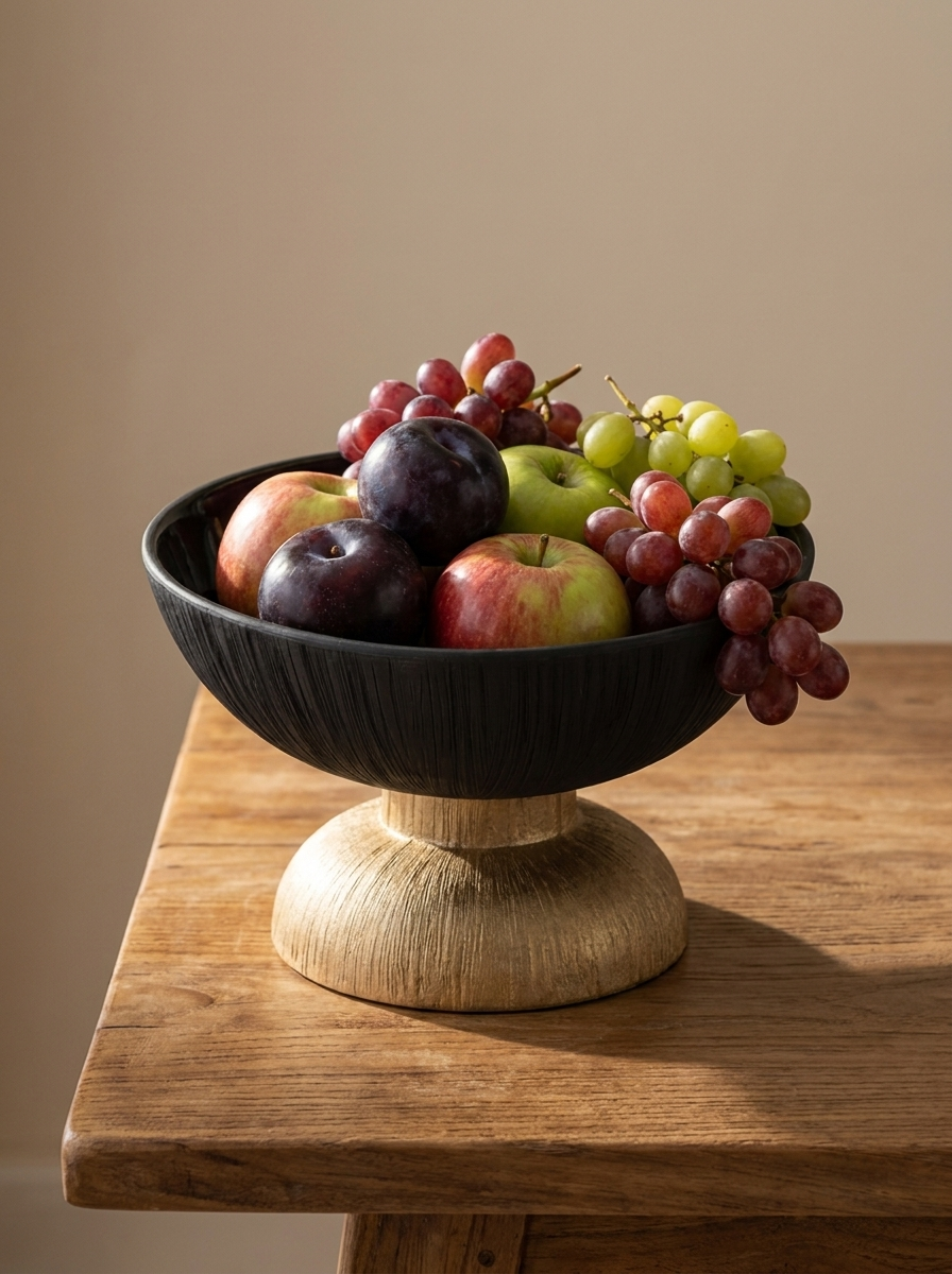 Kupa Ceramic Bowl, matte black ceramic bowl with gold pedestal, alternate view