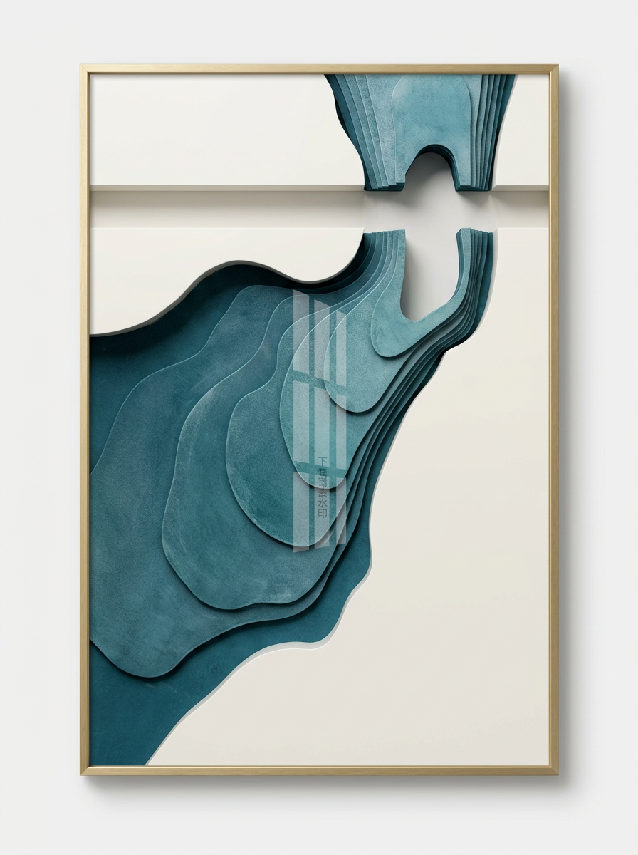 Lagring Wall Art, layered organic artwork in deep teal and blue with brushed gold frame