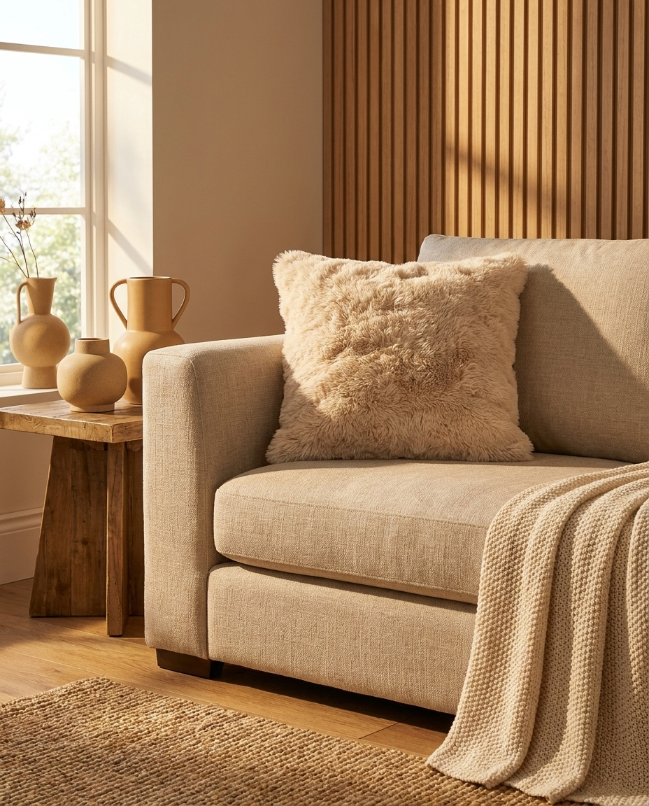Lova Faux Fur Pillow in Dune Mist, styled on a beige sofa in a sunlit room