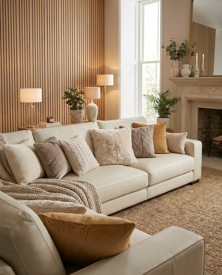 Lova Faux Fur Pillow in Dune Mist, styled in a living room with fireplace
