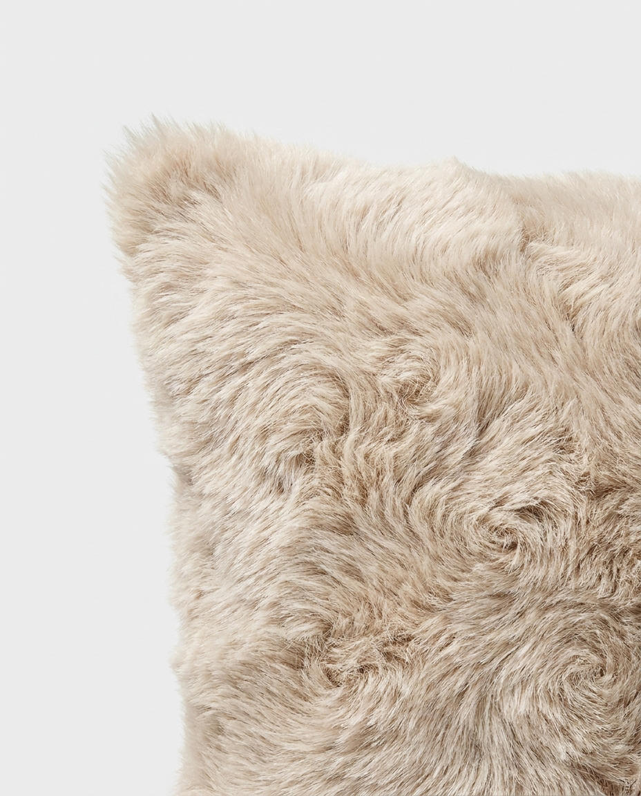 Lova Faux Fur Pillow in Dune Mist, close-up detail of faux fur texture