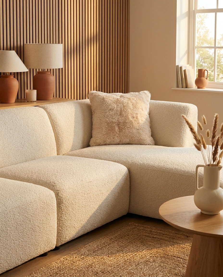 Lova Faux Fur Pillow in Dune Mist, styled with beige sectional sofa and decorative pillows