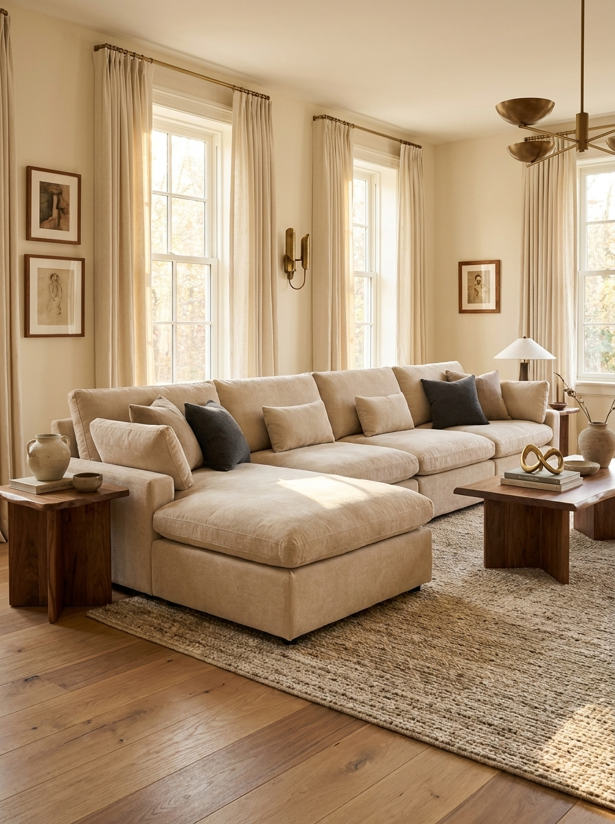 Lugn sectional sofa, detail view of chenille and linen-blend fabric texture