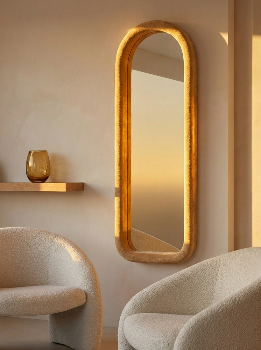 Luna Wall Mirror in Cream Canvas, styled on a wall with soft lighting