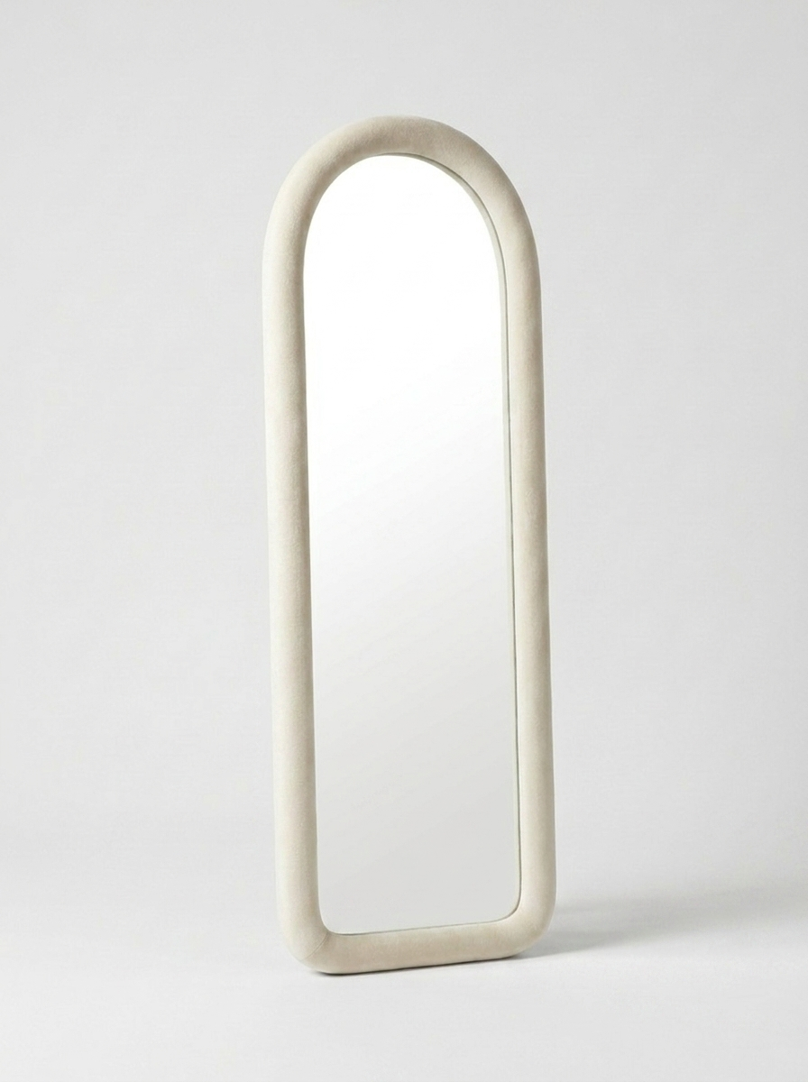 Luna Wall Mirror in Cream Canvas, front view of upholstered frame