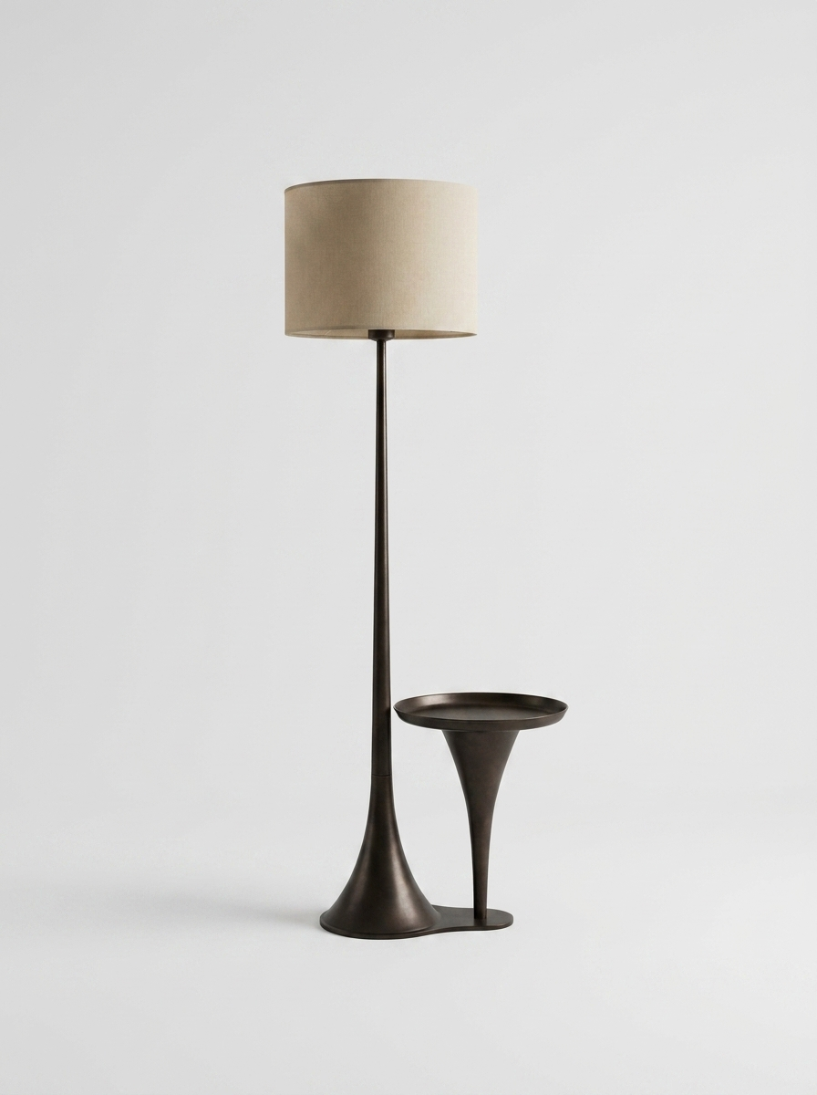 Lyft Floor Lamp, floor lamp with steel frame, linen shade, and integrated side table