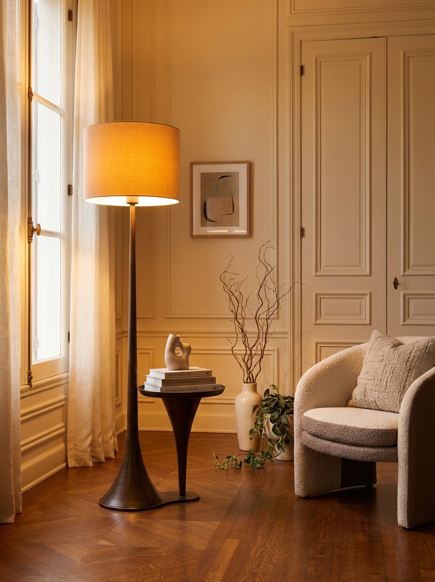 Lyft Floor Lamp, steel frame floor lamp with linen shade and side table, front view
