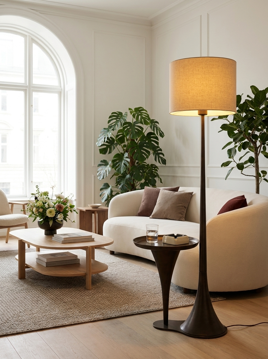 Lyft Floor Lamp, linen lamp shade and steel frame, close-up view