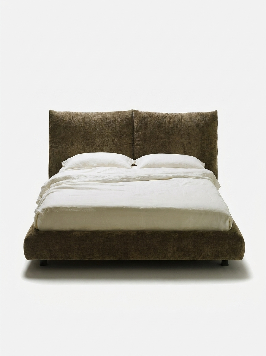 Magnus Bed in Smoke Olive Velvet, sculptural velvet bed with stainless steel legs