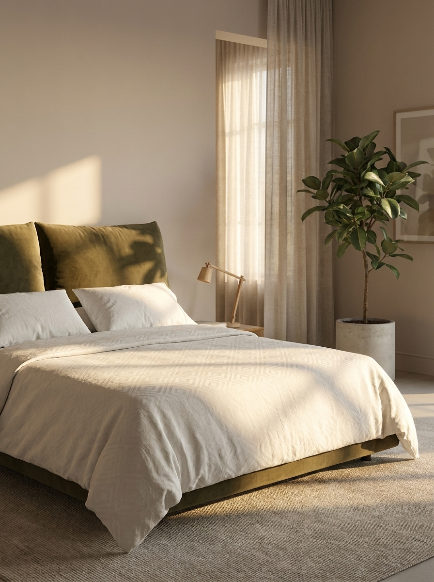 Magnus Bed in Smoke Olive Velvet, styled in a modern bedroom