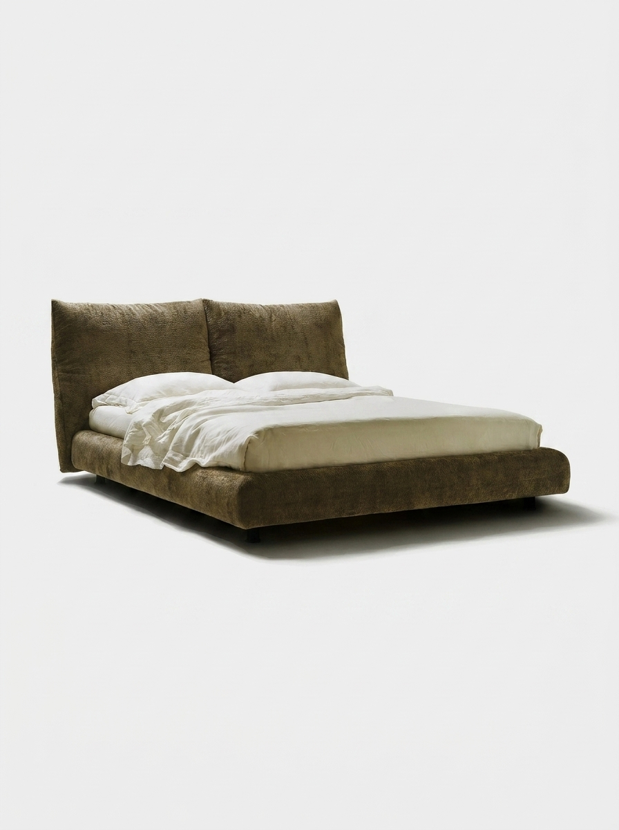 Magnus Bed in Smoke Olive Velvet, angled view of headboard