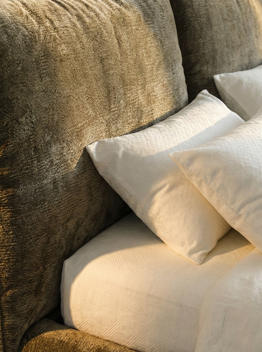 Magnus Bed, Smoke Olive velvet headboard bed with stainless steel legs