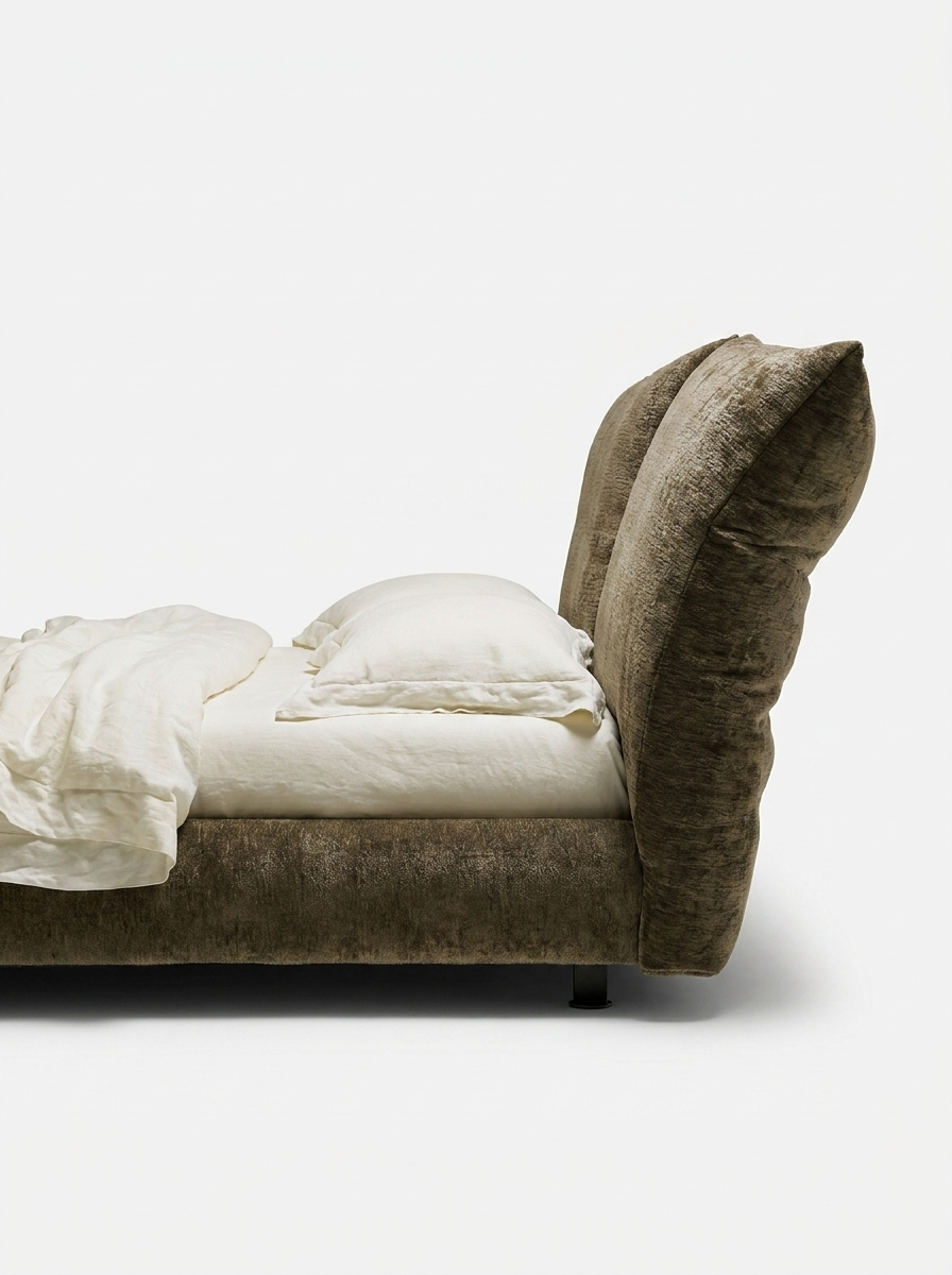 Magnus Bed in Smoke Olive Velvet, alternate view with bedding