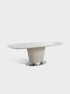 Modern dining table with marble top and metal base on a white background