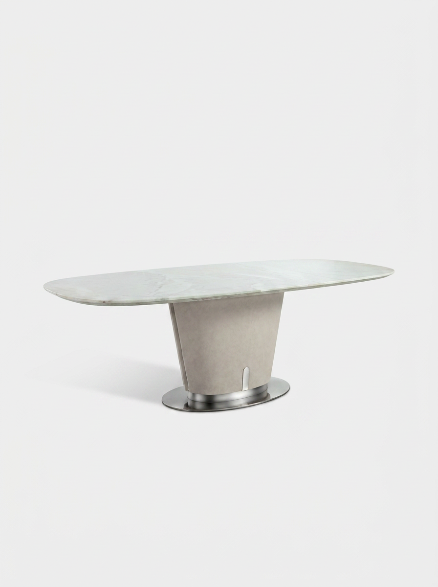 Modern dining table with marble top and metal base on a white background