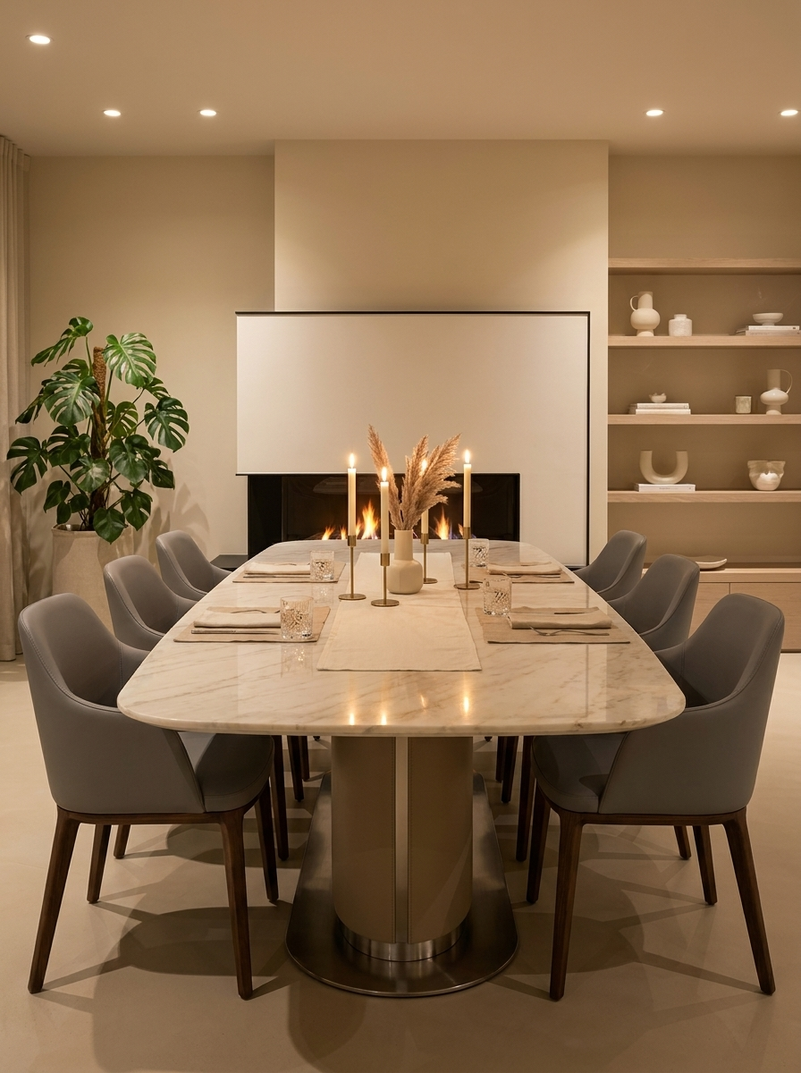 Dining room with a marble table and gray chairs, candles, and decorative items.