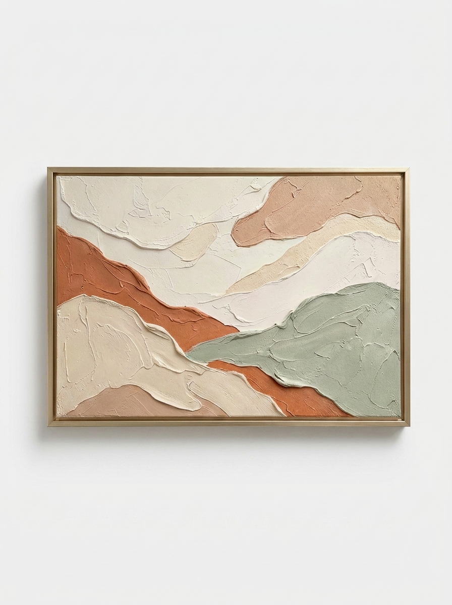 Mark Abstract Canvas, hand-painted impasto artwork in earth tones with brushed champagne gold frame