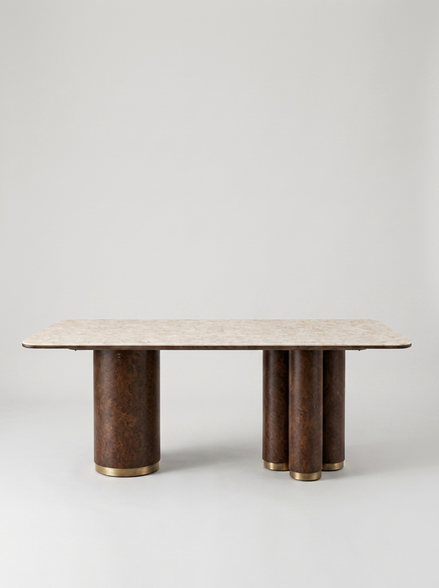 Matstuga dining table with travertine-inspired ceramic top and elm burl veneer base