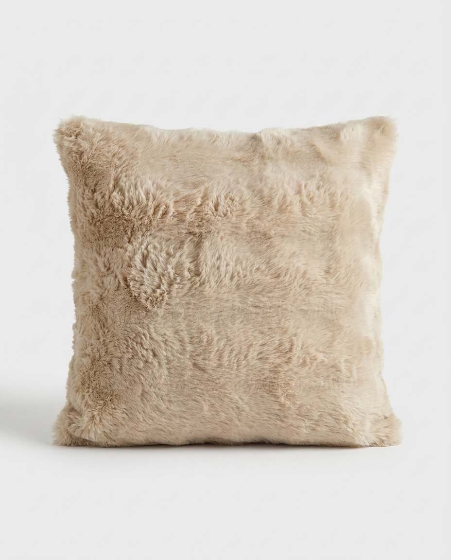 Beige fluffy pillow on a white background