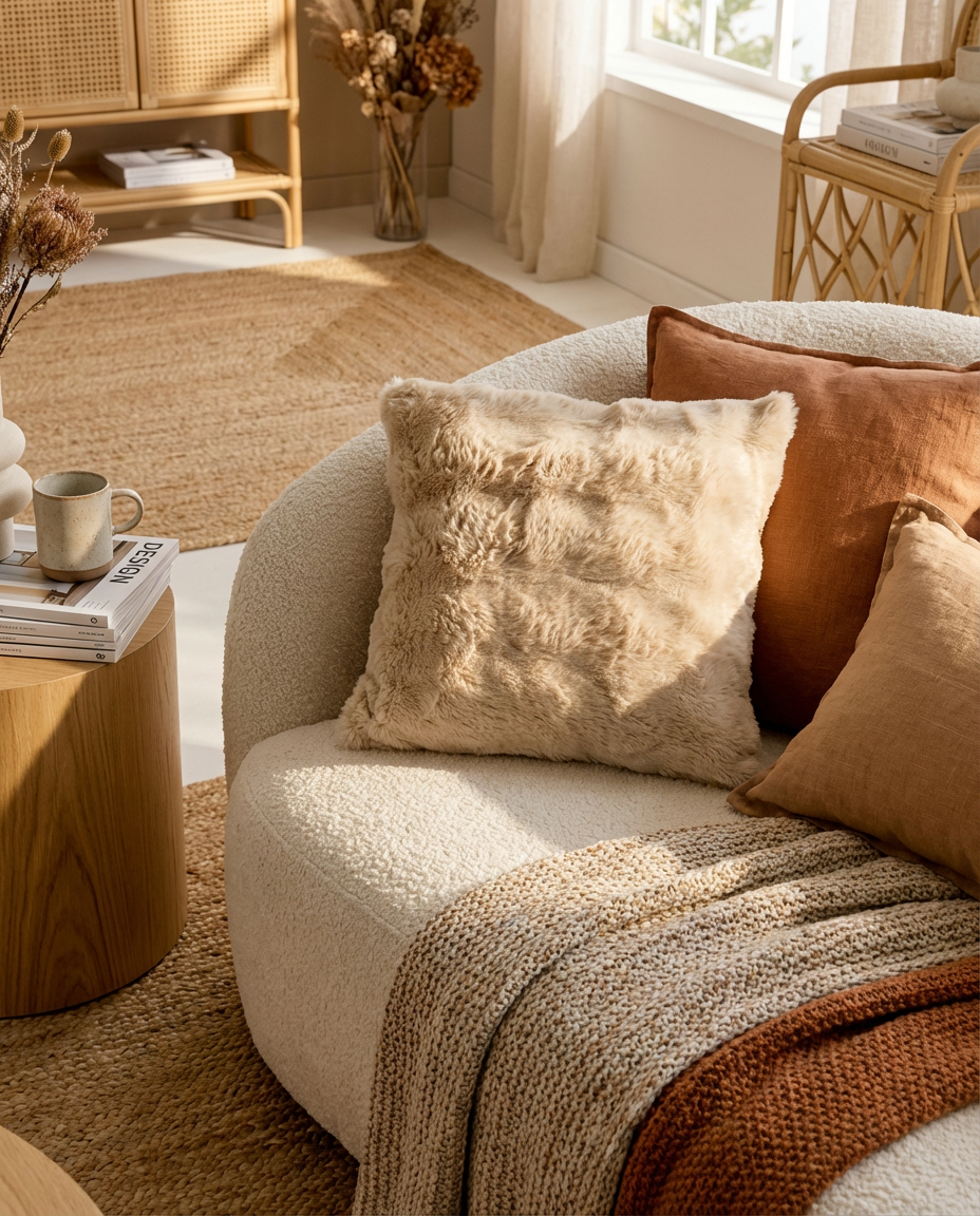 Mira Faux Fur Pillow in Sahara Dune, styled on a white armchair in a living room