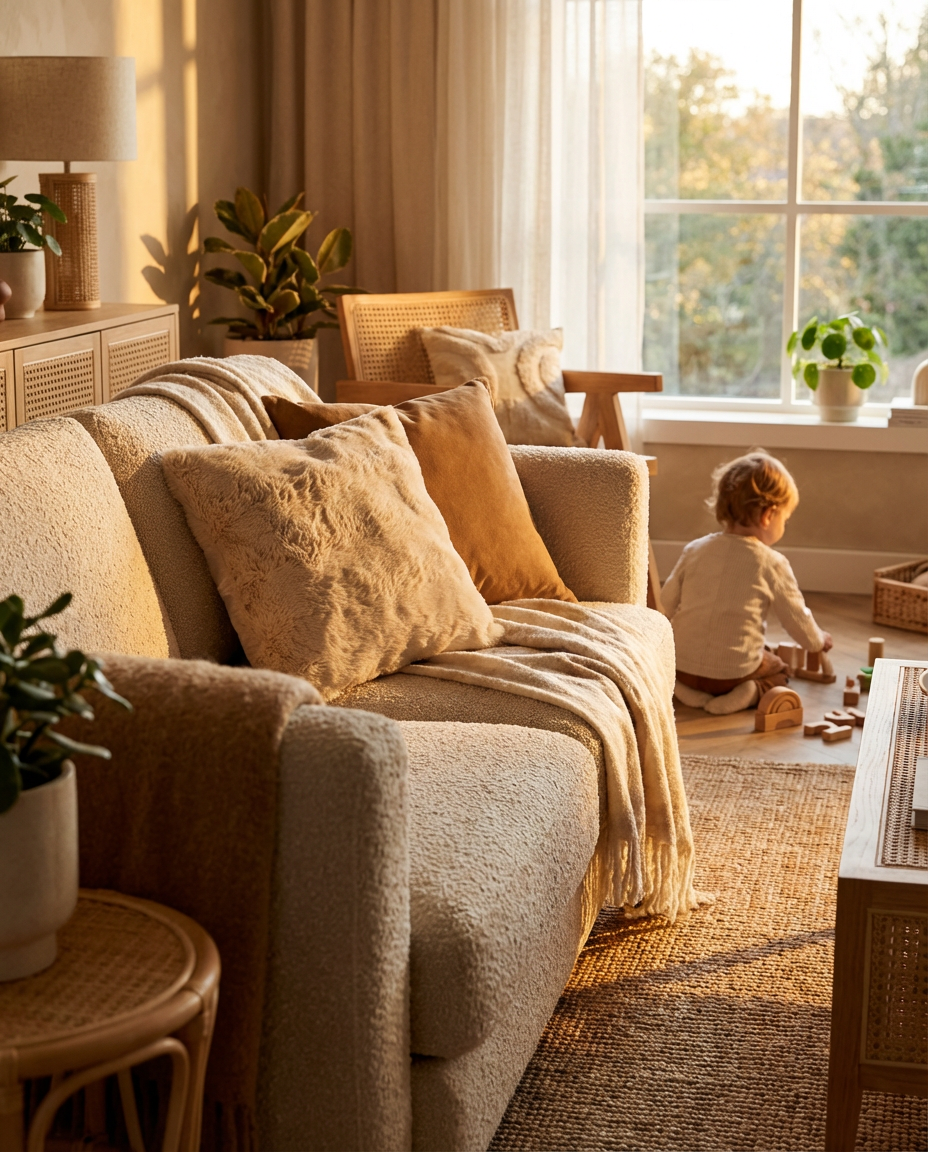 Mira Faux Fur Pillow in Sahara Dune, styled on a beige sofa near a window